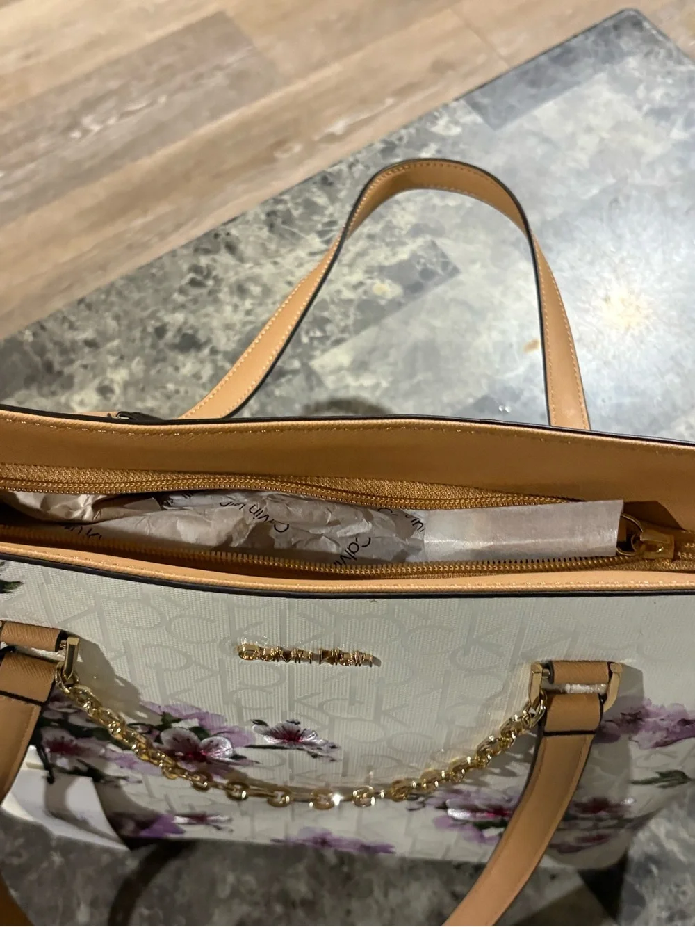 Calvin Klein Cream Tote with Purple Floral Print and Gold Chain
